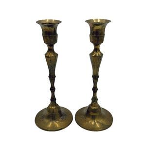 Brass Candlestick Candle Holder Pair / Set of 2 Matching w Etched Design Base